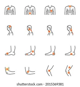 Body pain and injury line icons set, pain point outline vector symbol collection, linear style pictogram pack. Signs, logo illustration. Set includes icons as painful joint, human body ache, headache