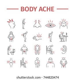 Body Pain And Injury Line Icons Set. Vector Illustration For Websites, Magazines, Brochures. Medicine Signs