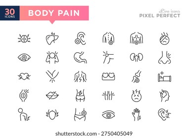 Body Pain line icon set. Body ache, head, hand, leg, abdomen, chest, hand, toes, sickness, illness, injury, infection, symptom, line icons