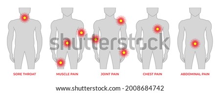 Body Pain Medical Illustration with Man and Sore Throat, Muscle, Joint, Chest and Abdominal Pain