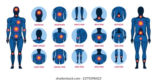 Body pain point. Human ache silhouette, chronic disease and injury treatment, headache tooth and joint pain therapy concept. Vector illustration of chronic pain, point ache