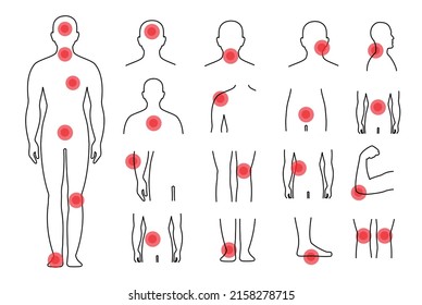 Body pain point injury icon set, anatomy. Sore throat, headache, heartache, neck pain. Medical treatment infographics concept - Shutterstock ID 2158278715