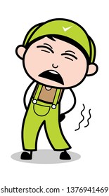 Body Pain - Retro Repairman Cartoon Worker Vector Illustration
