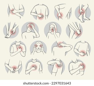 Body pain set. Man and woman suffer from discomfort in muscles and painful symptoms. Characters with headache, chronic migraine and injury points. Cartoon flat vector collection isolated on white