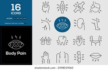 Body Pain conjunto de iconos de contorno relacionados con el análisis, infografía, análisis. Trazo editable. Ilustración vectorial. 