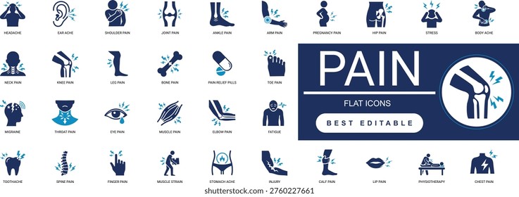 Body Pain Solid Icon Set. Backache, Headache, Muscle, Joint, Symptom, Healthcare. Editable Vector Illustration Collection Set