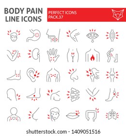 Body Pain Thin Line Icon Set, Organs Ache Symbols Collection, Vector Sketches, Logo Illustrations, Sickness Signs Linear Pictograms Package Isolated On White Background, Eps 10.