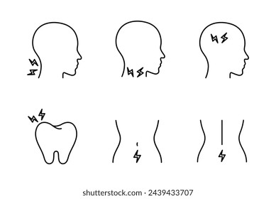 Body pain thin line icon set. Linear pictograms package isolated on white background. Painful head, tooth, throat, neck, belly, back. Symptoms of ligament, injury problems, menstruation, cramps.