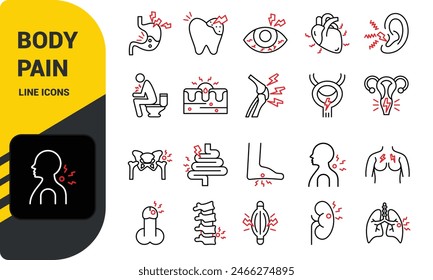 Conjunto de iconos de línea delgada de dolor corporal, colección de símbolos de dolor de órganos, bocetos de Vector, ilustraciones de logotipos, signos de enfermedad, pictogramas lineales paquete aislado sobre fondo blanco