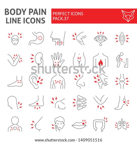 Body pain thin line icon set, organs ache symbols collection, vector sketches, logo illustrations, sickness signs linear pictograms package isolated on white background, eps 10.