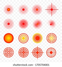 Marcas dolorosas en el cuerpo. Anillos rojos de dolor para indicar la localización del dolor en diferentes partes del cuerpo humano como la espalda, el cuello, la cabeza, la espalda y otros. Dolor muscular, dolores de cabeza o salud