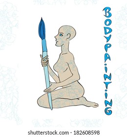 Body painting advertising, hand drawn fantasy illustration of a decorated skin girl with a huge blue brush and text over an orchids pattern