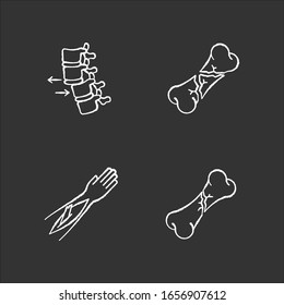 Body part injuries chalk white icons set on black background. Spinal vertebra, spine dislocation. Open fracture. Broken bones. Medical condition. Accident. Isolated vector chalkboard illustrations