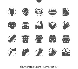 Body parts. Anatomy. Health care. Plastic face surgery. Medical. Body sculpting system. Head, ear, eye, lips, nose, tongue, leg, knee, foot and other. Vector Solid Icons. Simple Pictogram