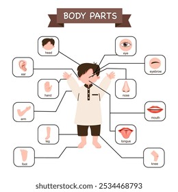 Cartoon-Vektorgrafik für Körperteile. Netter Junge mit Körperteilen Namen, pädagogisches Poster für Kinder.