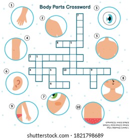 Body parts crossword with hand, eye, shoulder, knee, chest, ear, cheek, neck, arm, stomach. My body learning activity page. Puzzle for kids. Vector illustration