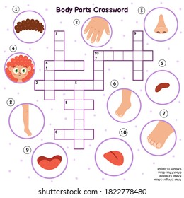 Body parts crossword with head, hair, fingers, nose, eyebrow, foot, toes, leg, mouth, tongue. My body learning activity page. Puzzle for kids. Vector illustration