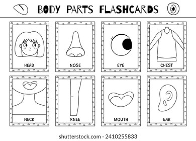 Body parts flashcards black and white collection. Flash cards for coloring. Learn vocabulary for school and preschool. Head, nose, eye and more. Vector illustration