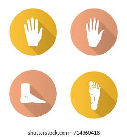 Body parts flat design long shadow glyph icons set. Male and female hands, feet. Vector silhouette illustration