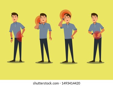 Body parts pain. Back pain, stomach pain, toothache,headache, migraine. Vector illustration in cartoon style