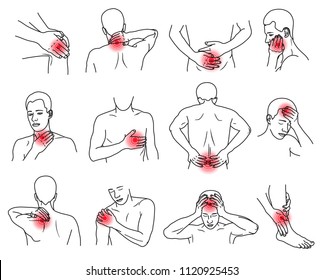 Body parts pain. Man feels pain, becomes disabled by disease, body aches in different parts. Vector line art illustration on white background