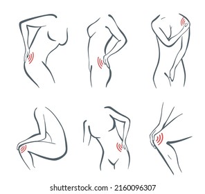 Body parts pain set. Woman feels pain location in different part of body with red line icons. Ache in head, neck or tooth pain. Vector foci of pain or trauma symbols, grey art line illustration