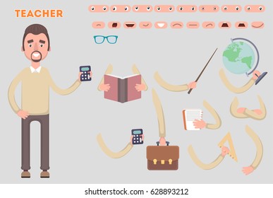 Body parts template for design work and animation. Funny cartoon teacher is a character. Vector illustration on a light background. Sets that the character says the teacher animation.