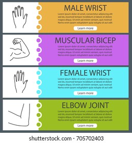 Body parts web banner templates set. Male and female hands, muscular bicep, elbow joint. Website color menu items with linear icons. Vector headers design concepts