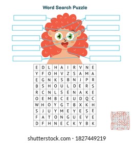 Body parts word search puzzle. Educational game for kids. Human body learning worksheet for school and preschool. Vector illustration