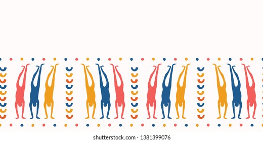 Body people handstand pose seamless border vector pattern. Yoga sport posture ribbon trim background. Paper cut out human figures edging tape. 