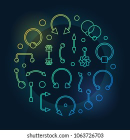 Body piercing colored circular vector illustration made of body jewelry outline icons on dark background