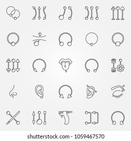 Body piercing icons set. Vector collection of piercings jewelry concept signs or design elements in thin line style
