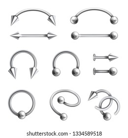 Body piercing jewelery set, different metallic accessories. Modern piercing design. Vector line art illustration isolated on white background