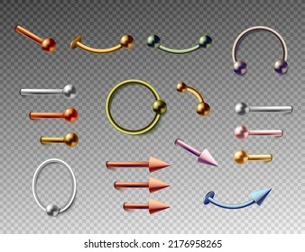 Body piercing jewellery and earrings templates set, realistic vector illustration isolated on transparent background. Metallic piercing accessories collection.