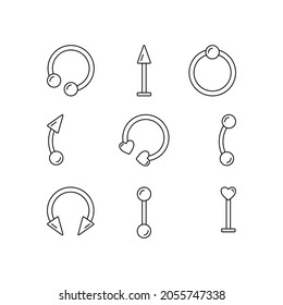 Body piercing jewelry. Line icons set isolated on white background. Vector outline illustration.	