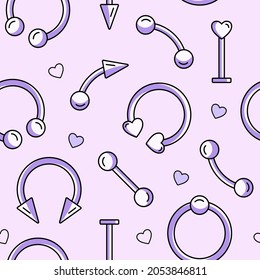 Body piercing jewelry seamless pattern. Cute pink background for textile, fabric, print design, wrapping paper. Vector illustration.