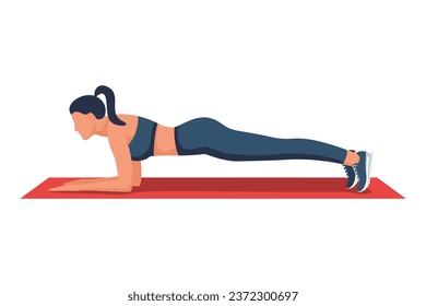 Body plank. A beautiful young girl stands in a perfect plank. Good athletic figure. Active lifestyle. Slim body, abdominal exercise. Vector illustration flat design. Isolated on white background.