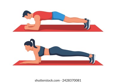 Body plank. Beautiful young girl and man stands in a perfect plank. Good athletic figure. Active lifestyle. Slim body, abdominal exercise. Vector illustration flat design. Isolated white background.