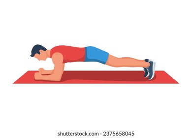 Body plank. A beautiful young man stands in a perfect plank. Good athletic figure. Active lifestyle. Slim body, abdominal exercise. Vector illustration flat design. Isolated on white background.