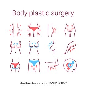 Body plastic surgery color line icons set. Correction female figure. Liposuction, breast correction, buttock lift, transgender. Signs for web page, mobile app, banner, social media. Editable stroke.