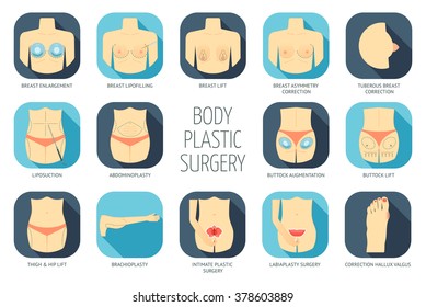 Body plastic surgery icons. Flat design. Vector illustration