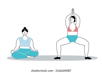 Body pose set. Active women doing yoga, girls in sportswear meditating and asana doing, sitting in lotus position and standing. Sport exercises. Healthy lifestyle, vector illustration