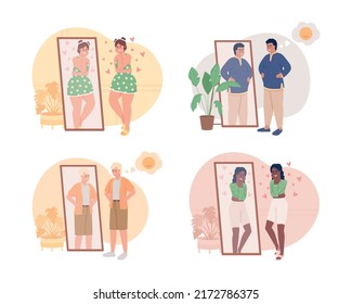 Body positive 2D vector isolated illustration set. Self accepting flat characters on cartoon background. Domestic colourful editable scenes for mobile, website, presentation collection
