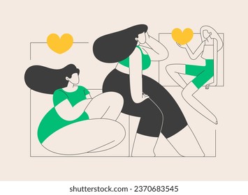 Body positive abstract concept vector illustration. Positive body image, diversity trend, positivity, acceptance of all body types, self-confidence, plus size brand promotion abstract metaphor.