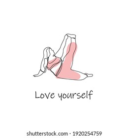 Body Positive Abstract Trendy One Line Illustration. Attractive Plus Size Model. Fat Young Woman In A Yoga Pose. Love The Concept Of Your Body. All Bodies Are Beautiful. Love Yourself Lettering