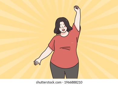 Body Positive And Acceptance Concept. Happy Smiling Oversize Woman Cartoon Character Posing And Dancing In Feeling Confident And Positive Vector Illustration 