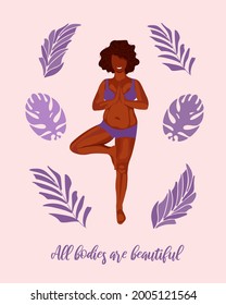 Cuerpo positivo. Aceptación de usted mismo. Además de tamaño negro, una chica feliz con curvas está comprometida con el yoga. Feminismo, libertad femenina, poder. Ilustración vectorial. Para carteles impresos, medios sociales, tarjetas.
