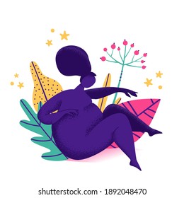 Body positive african american woman isolated on white with tropical leaves. Bright, positive colors. Self care, love, acceptance concept. Body health care. Vector black female character illustration