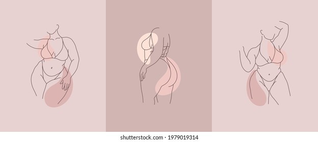 Body positive art. Beautiful curvy woman body line art illustration. Minimalist linear female figure. Abstract nude sensual line art. Simple body positive elegant poster.