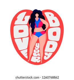 Body Positive. Attractive overweight woman in swimsuit. Vector illustration.
Love your body text.
